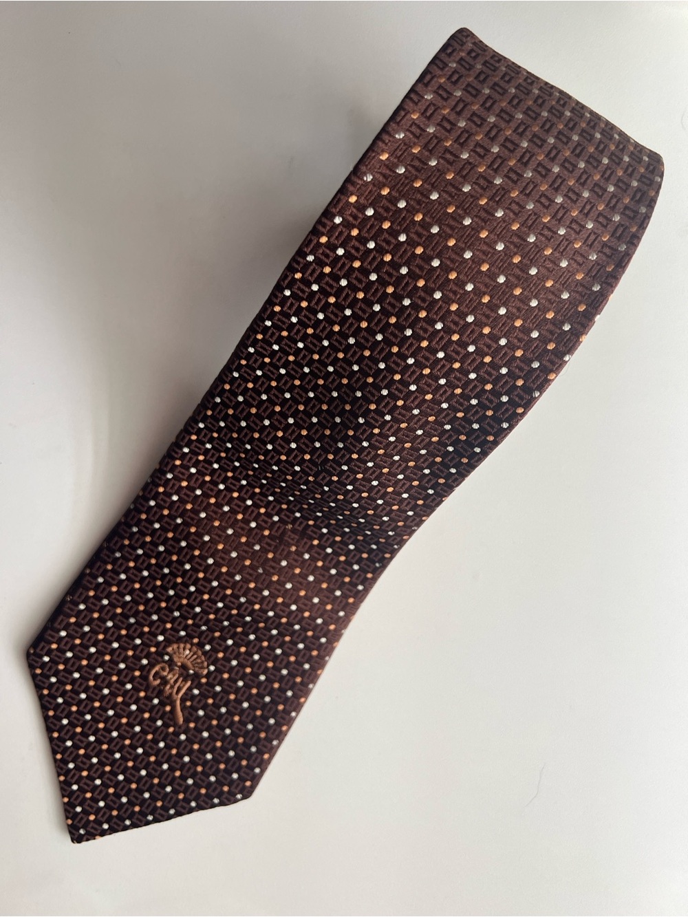 Vintage Countess Mara John L Ashe Silk Tie Brown Orange Dot Basketweave Trad